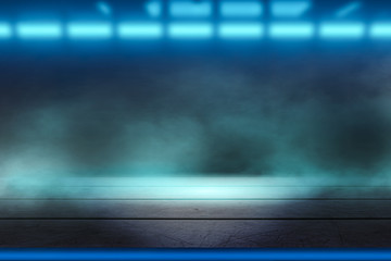 Futuristic night scene. Gloomy dark scene with wooden floor, big moon, moonlight. Smoke, shadow....