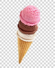 Vanilla strawberry and chocolate ice cream scoops or balls in cone on isolated background including...