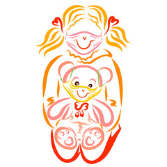 girl sitting on her knees and holding a teddy bear, medical mask with a smile