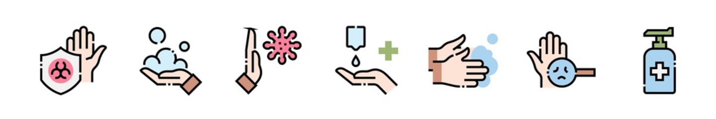 Washing Hands Filled Outline Icons. Colorful Linear Set Vector Line Icon. Washing Instruction, Antiseptic, Soap and more. 64x64 Pixel Perfect. Editable Stroke