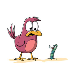A worm sticks out the tongue of a bird. Hand drawn vector illustration with separate layers.
