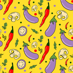 Vegetables illustration: eggplant, red chilli pepper, mushroom and herbs. Vector seamless pattern. Vegetarian healthy food. Vegan, farm, organic, natural background.