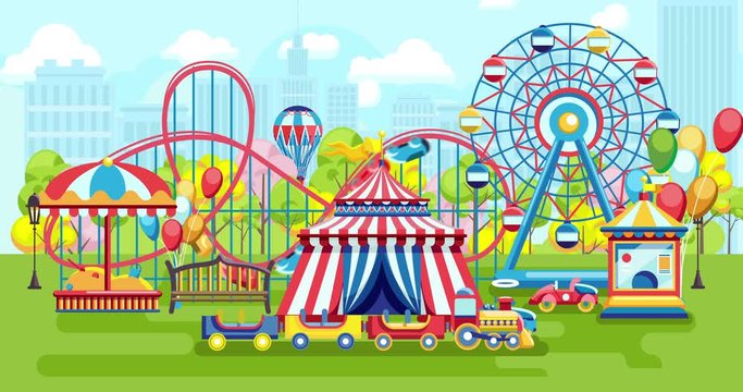 Amusement park. Cartoon amusement park concept on sunny summer day with balloon, hourse carousel, kids train and other kids amusement