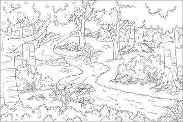 Coloring book landscape. Hand drawn vector illustration with separate layers.