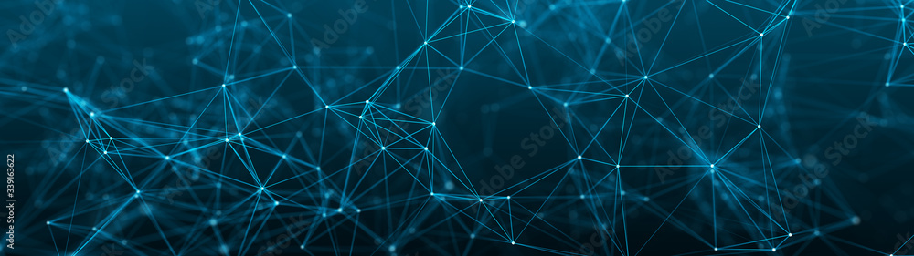 Poster digital plexus of glowing lines and dots. abstract background. ultra wide illustration. network or c