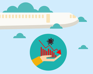 Economy down with Covid-19 crisis concept: There is virus with bars of chart and down arrow, airplane on sky. Cartoon vector style for your design.
