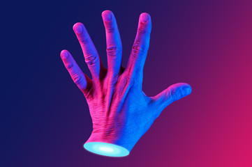 Hand in a pop art collage style in neon bold colors. Modern psychedelic creative element with human palm for posters, banners, wallpaper. Copy space for text. Magazine style template. Zine culture.