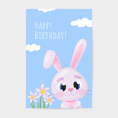 Beautiful  birthday greeting card. The card shows spring narcissus, cute bunny and inscription Happy birthday. Great for poster, greeting card, invitation. Vector illustration.