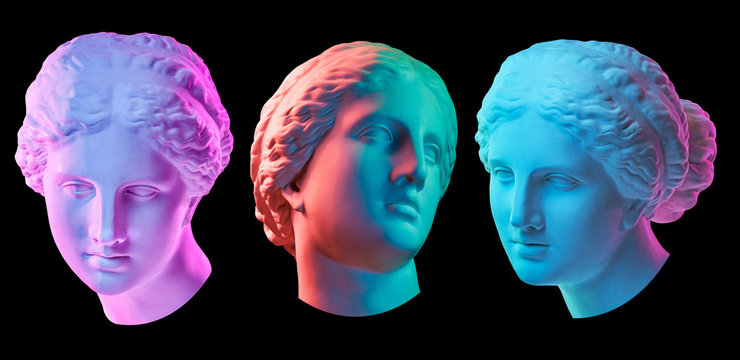 Naklejka Statue of Venus de Milo. Creative concept colorful neon image with ancient greek sculpture Venus or Aphrodite head. Webpunk, vaporwave and surreal art style. Isolated on a black.