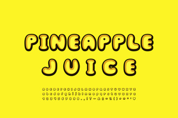 Bright yellow alphabet cartoon bubble font. Stylized retro style for food design. Uppercase and lowercase letters, numbers, symbols. Vector illustration