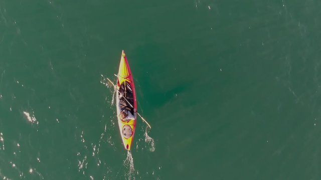 Aerial view of a kayaker paddling in a kayak.