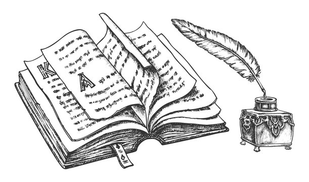Sketch of opened book with ink and feather