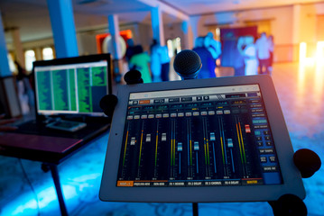 Naklejka premium Professional studio programm for sound mixing. Close-up view of audio application. Media production studio. Music record service