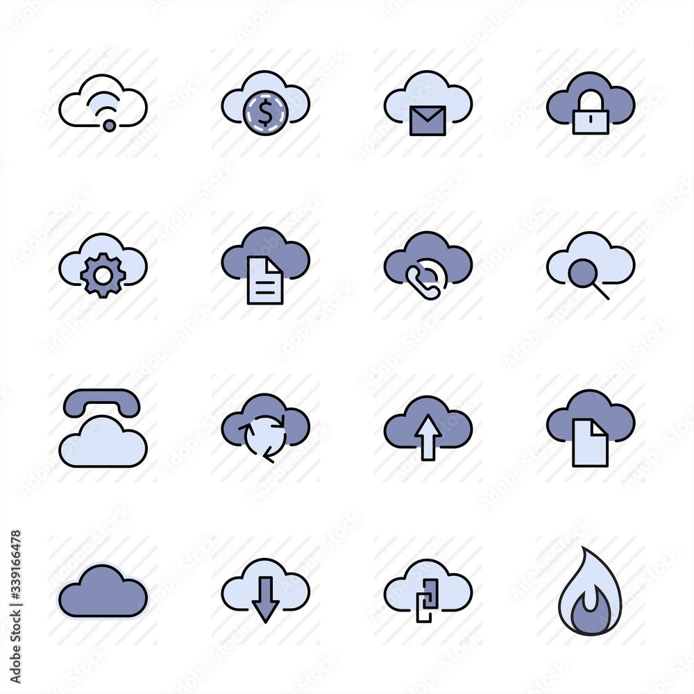 Poster set of cloud vector line icon. it contains symbols to upload, download, link and more. editable stro