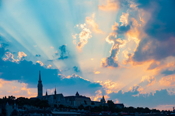Silhouette view of Budapest city skyline with dramatic sky, Hungary