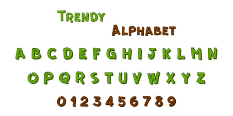 Font. Trendy alphabet. Font alphabet with numbers in cartoon design. Font alphabet, isolated. Vector illustration