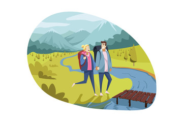 Travelling couple, tourism, nature, hiking concept