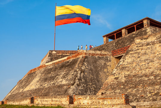 Colombian flag over the Castillo de San Felipe de Barajas, Cartagena de Indias, Colombia