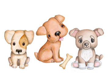 Cute cartoon dogs, pups, watercolor illustration., isolated.