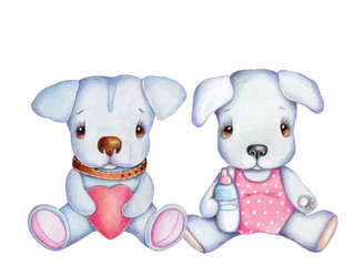 Watercolor hand drawn illustration of cutecartoon twins pups dogs puppies, white and pipnk, pretty toys. Isolated.