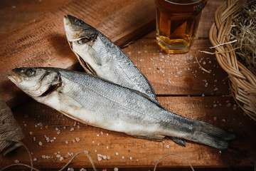 view of dried fish with salt of wooden surface delicious