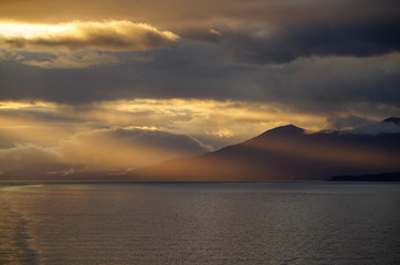 Sunrise or twilight over Beagle Channel in Patagonia between Argentina and Chile from cruiseship or...