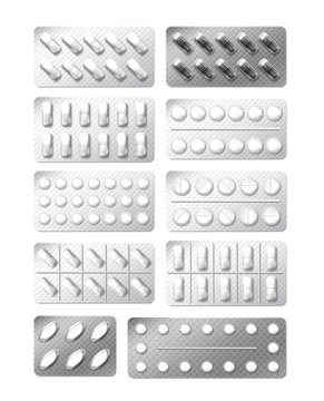 Medicine painkiller pills packaging. Realistic 3d drugs in blister isolated on white. Vitamin capsule drug blister pack. Medical care pharmaceutical illustration