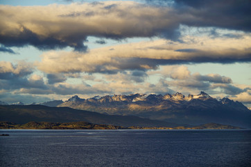 Sunrise or twilight over Beagle Channel in Patagonia between Argentina and Chile from cruiseship or...