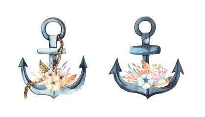 Watercolor floral illustration collection - flower and green leaf branches bouquets collection, anchor with rope, for wedding invite, greetings, wallpapers, fashion. Watercolor flowers, anchor. © Olesya Frolova