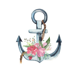 Watercolor floral illustration collection - flower and green leaf branches bouquets collection, anchor with rope, for wedding invite, greetings, wallpapers, fashion. Watercolor flowers, anchor. © Olesya Frolova