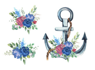Watercolor floral illustration collection - flower and green leaf branches bouquets collection, anchor with rope, for wedding invite, greetings, wallpapers, fashion. Watercolor flowers, anchor. © Olesya Frolova