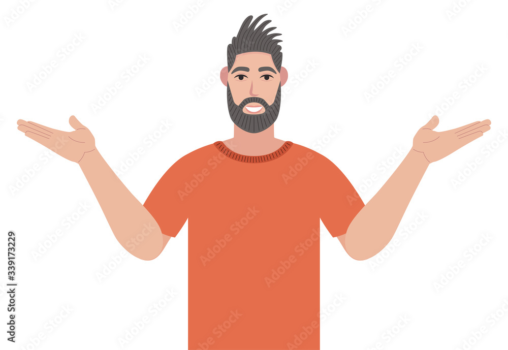 Poster bearded man pointing away and showing or presenting something. hipster pointing copy space. vector i