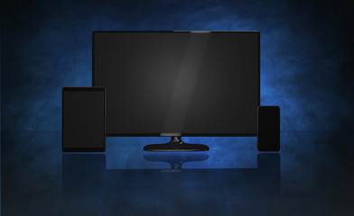 Mockup with a Smart TV a smartphone and a tablet on a blue background with reflection (3D rendering)