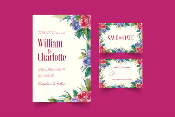 Obraz premium Wedding invitation template with beautiful watercolor floral wreath Premium Vector