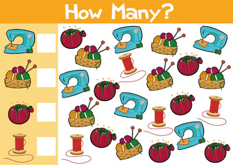 Counting hobby items game illustration for preschool kids in vector format.