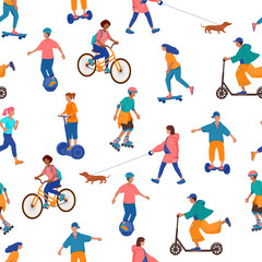Fototapeta na wymiar Seamless vector pattern of the outdoor activities in flat style on the white background.People running,walking dog,roller skating,skateboarding,bicycling, using electric scooter, monocycle,hoverboard.