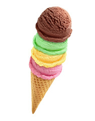 Mint strawberry and chocolate ice cream scoops or balls in cone isolated on white background including clipping path.	