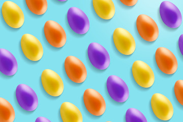 Creative minimal Happy Easter layout colorful eggs and the text message ''Happy Easter'' together on the sweet blue background.