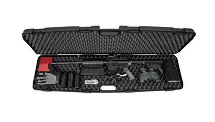 Modern automatic carbine with a collimator sight in a plastic case isolate on a white back. Weapons and necessary accessories to it in a durable hard plastic case. 