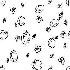 Peaches and apricots vector seamless pattern. Hand drawn fruit and sliced pieces. Summer tropical endless background. Vector fruit design for label, fabric, packaging.