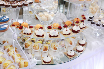Close up of tray with lot delicious diversity pastry cakes tartlets and macaroon in a row. Fresh,...
