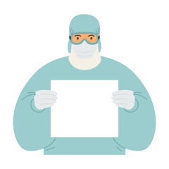 Nurse holding blank paper Medical staff wearing personal protective equipment for medical professionals Vector flat illustration isolated on white background