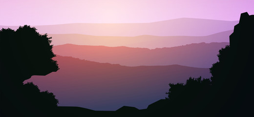 Natural forest mountains horizon hills silhouettes of trees. Sunrise and sunset. Landscape wallpaper. Illustration vector style. Colorful view background.
