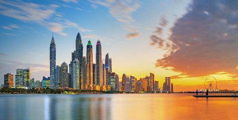 Dubai Marina, city of tourism from Palm Island at sunrise, United Arab Emirates