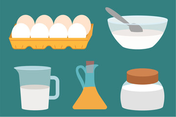 Collection of cooking ingredient for pancakes, isolated icons. Sugar or salt in container, olive oil in jar, milk and eggs, mixing bowl with spatula. Organic natural products for food making vector