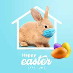 Creative minimal Happy Easter design  the rabbit inside of home line with mask for coronavirus (Covid-19) colorful eggs around the composition shows message Happy easter and stay home.