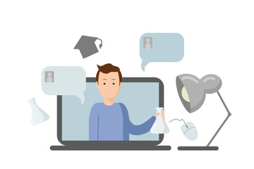 The concept of distance learning. A chemistry lesson over the Internet on a computer for every student! studying remotely