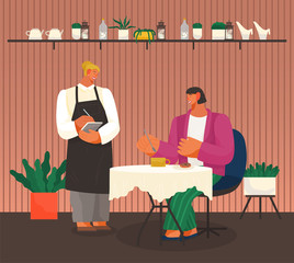 Restaurant or cafe, eating out, man ordering food and waiter vector. Character sitting at table, modern place interior, drink and snack. Cafeteria worker in apron, coffee house illustration