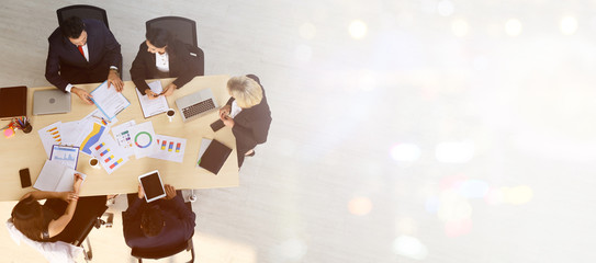Banner picture of top view of executive professional business people team meeting with copy space