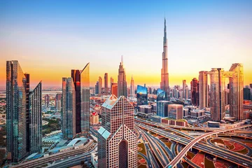 Papier Peint photo Burj Khalifa Dubai city center skyline with luxury skyscrapers, United Arab Emirates